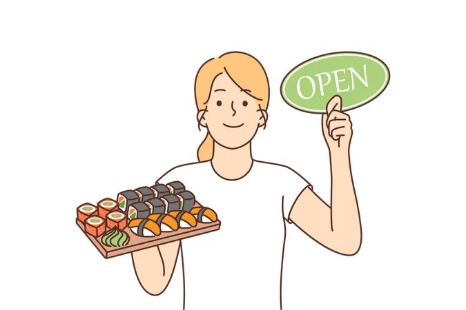 Woman with sushi and rolls on tray holds sign openly inviting to visit japanese restaurant  イラスト