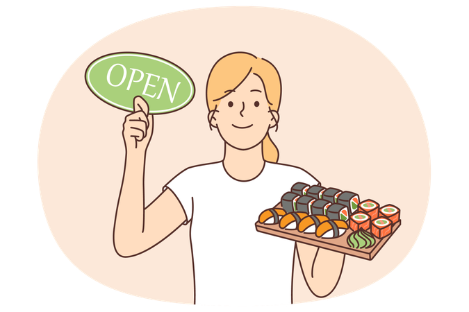 Woman with sushi and rolls on tray holds sign openly inviting to visit japanese restaurant  Illustration
