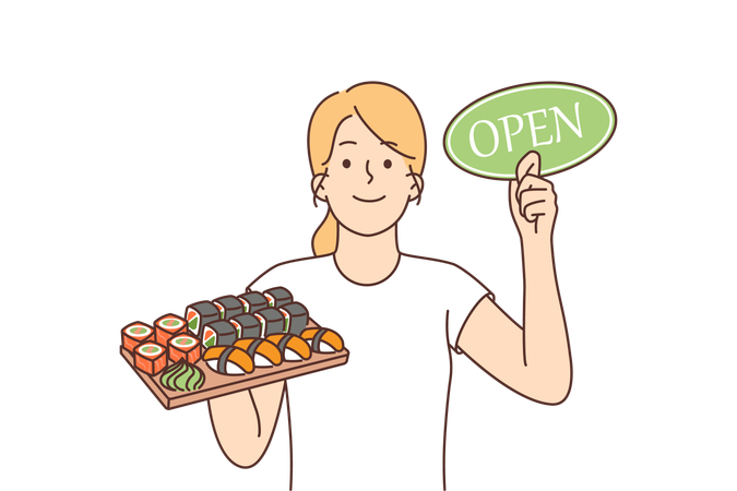 Woman with sushi and rolls on tray holds sign openly inviting to visit japanese restaurant  Illustration