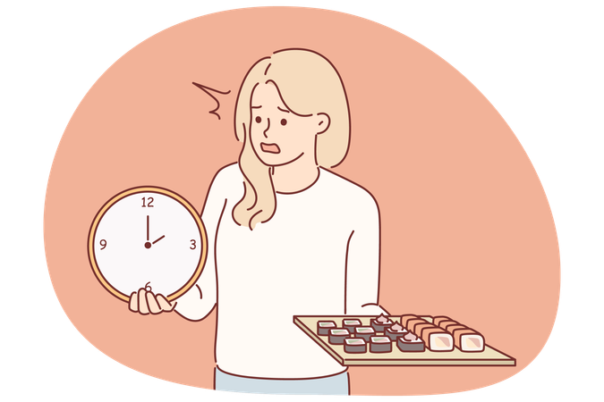 Woman with sushi rolls and hours nervous about long delivery time from japanese restaurant  Illustration
