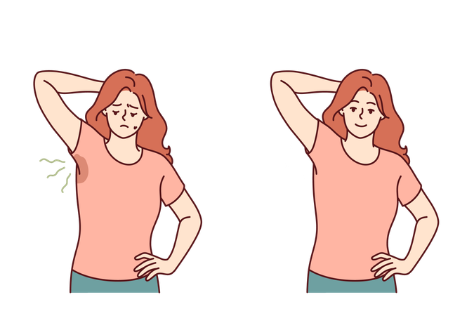 Woman with sweaty armpits rejoices after smell and stains on clothes disappear thanks to deodorant  Illustration
