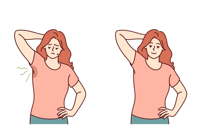 Woman with sweaty armpits rejoices after smell and stains on clothes disappear thanks to deodorant  Illustration