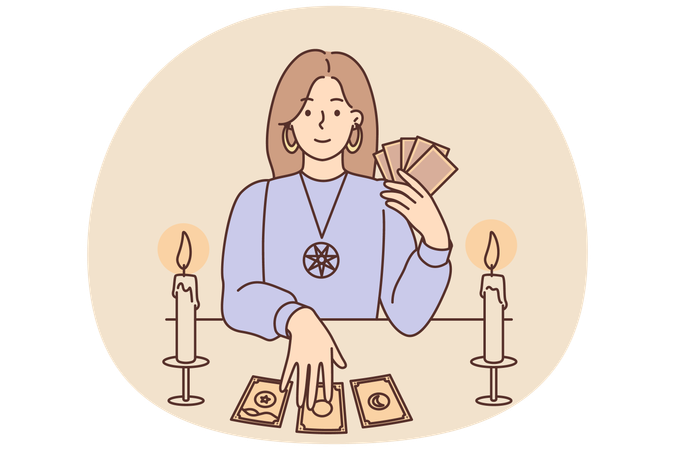 Woman with Tarot cards in form of witch sits at table and predicts future being fortune teller  Illustration