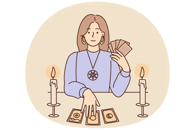 Woman with Tarot cards in form of witch sits at table and predicts future being fortune teller  Illustration