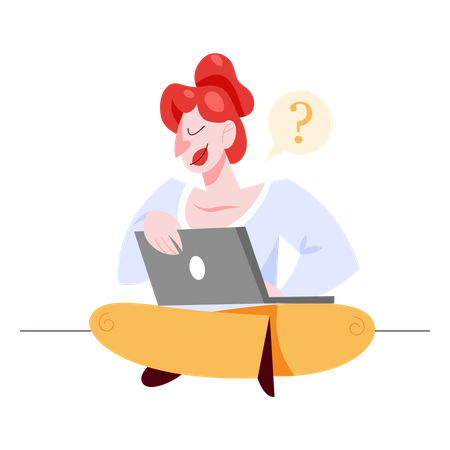 Woman with technical question on laptop Illustration