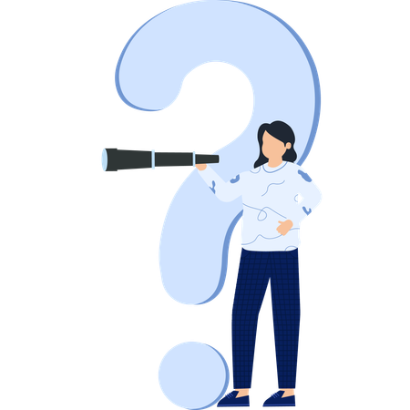 Woman with Telescope and Question Mark  Illustration
