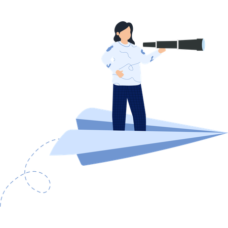 Woman with Telescope on Paper Airplane Vision Future Exploration  Illustration