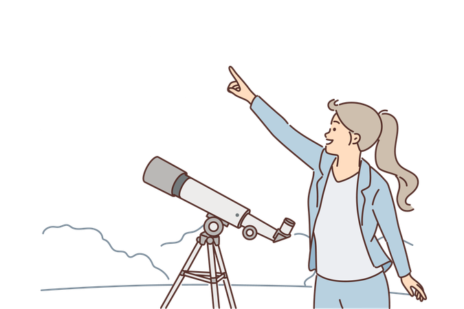 Woman with telescope points finger at starry sky  Illustration