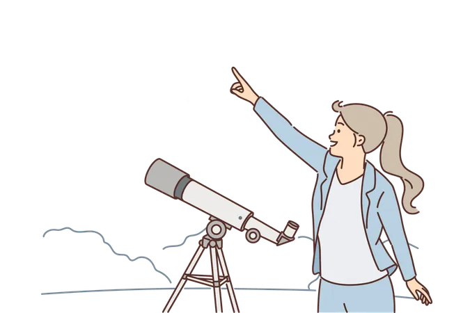 Woman With Telescope Points Finger At Starry Sky Being Fond Of Astronomy And Watching Movement Of Planets In Space Girl Stands In Open Air Near Telescope On Tripod And Looks At Night Sky Illustration