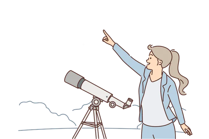 Woman with telescope points finger at starry sky  Illustration