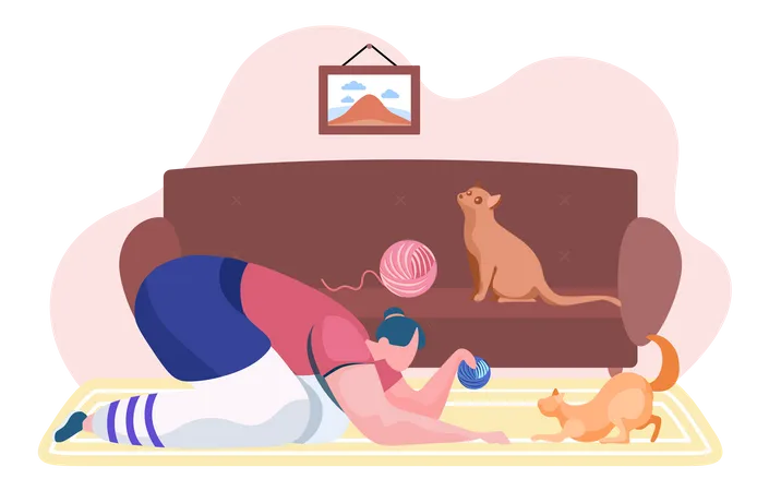 Girl With Cat Resting At Home Woman With The Ball Of Thread Playing With Her Kitten Training Animal In Apartment Female Character Playing With A Pet Fun Time With Cat Spending Time With Animals Illustration