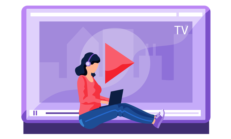 Woman with the computer watching video tutorial  Illustration