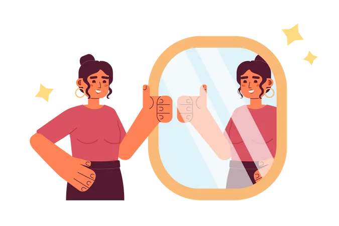 Woman with thumb up reflection in mirror  Illustration