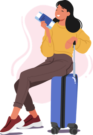 Woman With Ticket Sitting On Her Luggage  Illustration