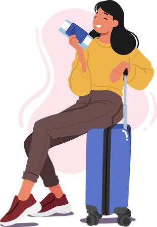 Woman With Ticket Sitting On Her Luggage  Illustration