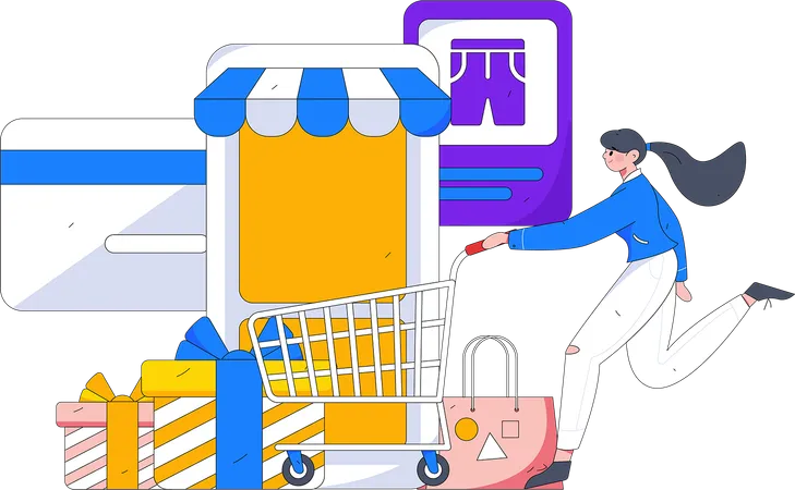 Woman with trolley and online shop application  Illustration