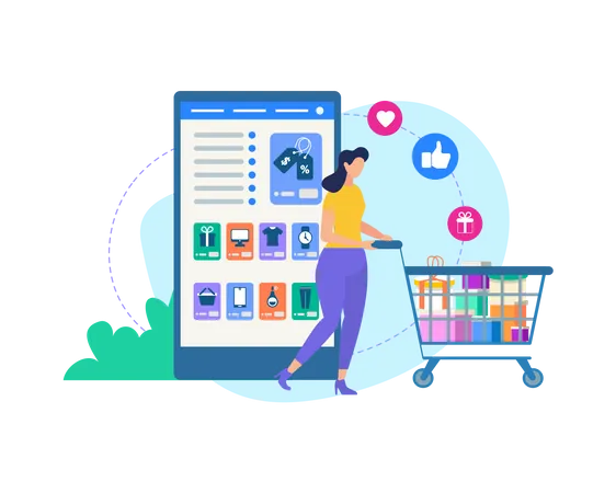 Woman with Trolley and Online Shop Application Illustration