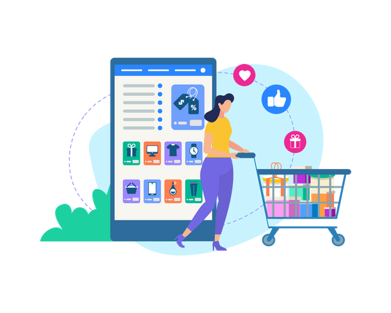 Woman with Trolley and Online Shop Application  Illustration