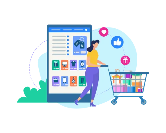 Woman with Trolley and Online Shop Application  Illustration