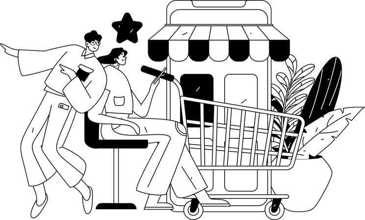 Woman with trolley and online shop application  Illustration