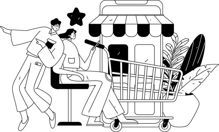 Woman with trolley and online shop application  Illustration