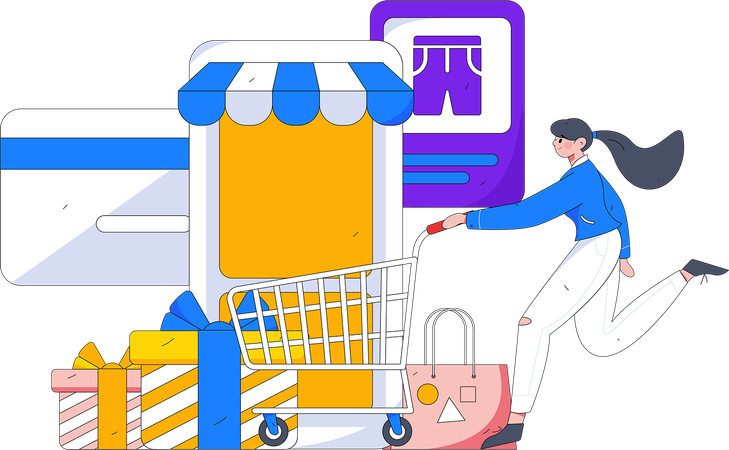 Woman with trolley and online shop application  Illustration