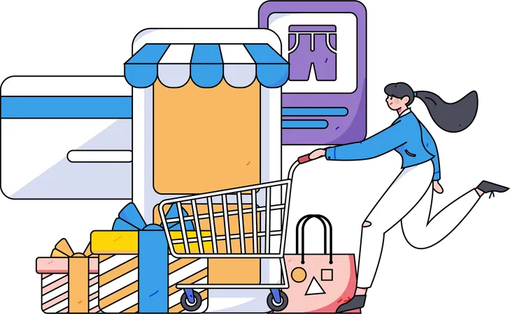 Woman with trolley and online shop application  Illustration