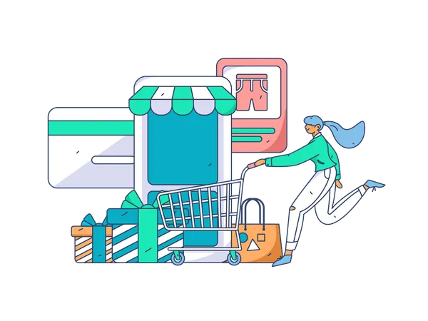 Woman with trolley and online shop application  Illustration