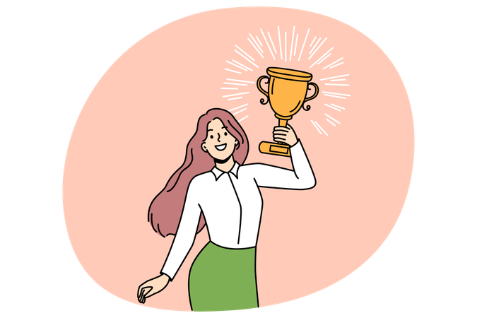 Woman with trophy celebrate success  Illustration