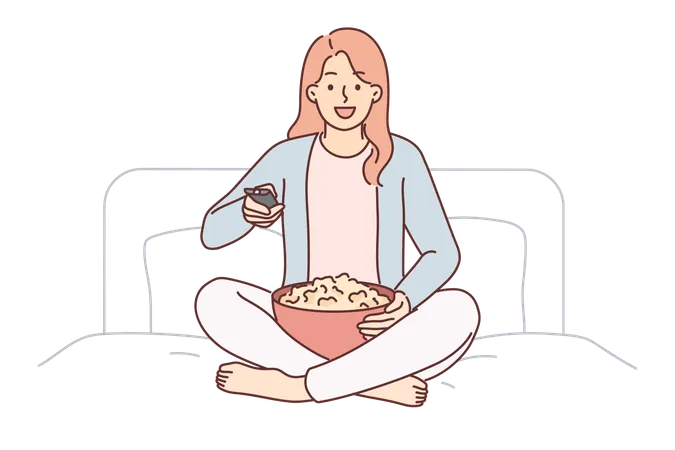 Woman With TV Remote Turns On Series Sitting On Bed In Bedroom And Holds Cup Of Popcorn Girl Using TV Remote Enjoying Watching Feature Film Or Evening Show On Cable Or Sputnik Television Illustration