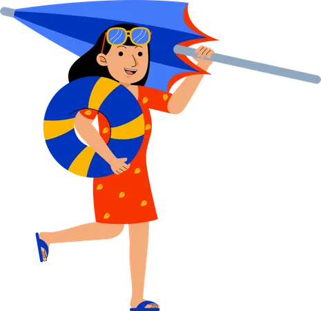 Woman With Umbrella Beach Illustration