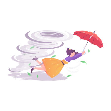 Woman with umbrella flying in strong wind  Illustration