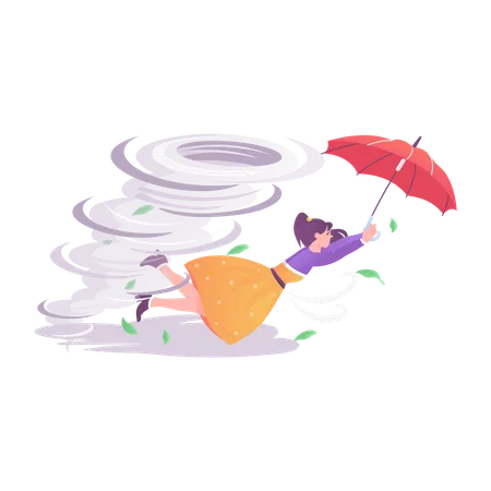 Woman with umbrella flying in strong wind  Illustration