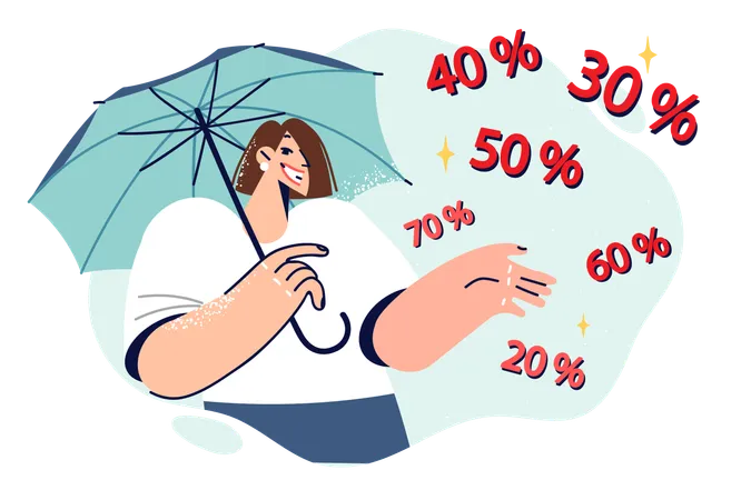 Woman With Umbrella Talks About Big Discounts In Fashion Boutique Standing Near Numbers With Percent Sign Girl Invites You To Visit Supermarket And Take Part In Sale With Discounts On Goods イラスト
