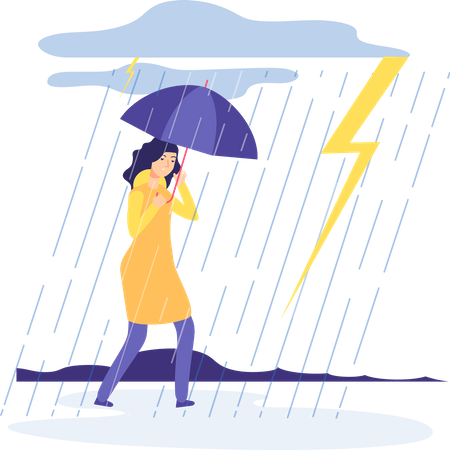 Woman with umbrella walking in rain  Illustration