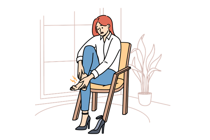 Woman with varicose veins feels pain in legs due to uncomfortable high-heeled shoes  Illustration