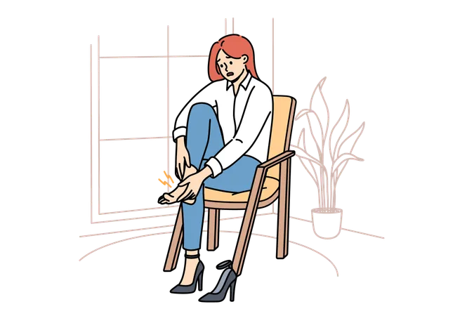 Woman with varicose veins feels pain in legs due to uncomfortable high-heeled shoes  イラスト