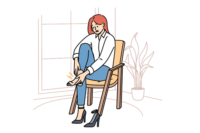 Woman with varicose veins feels pain in legs due to uncomfortable high-heeled shoes  Illustration