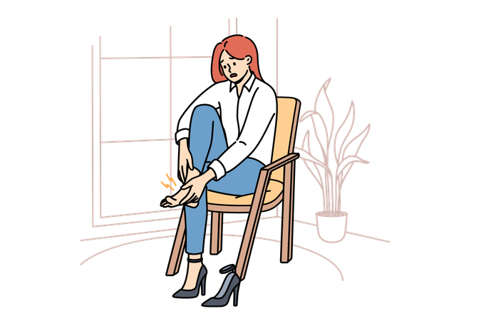Woman with varicose veins feels pain in legs due to uncomfortable high-heeled shoes  일러스트레이션