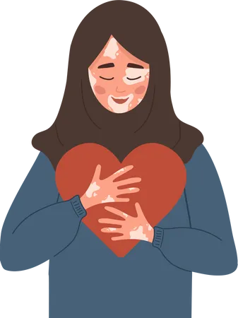 Muslim Woman With Vitiligo Self Care And Self Love World Vitiligo Day Skin Disease Girl With Hijab Hugging Heart Vector Illustration In Flat Cartoon Style Illustration