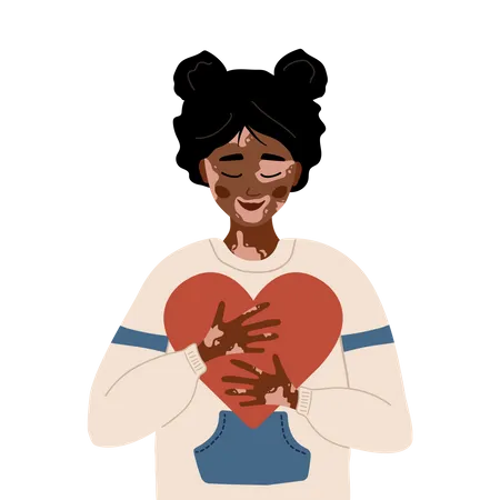 African Woman With Vitiligo Self Care And Self Love World Vitiligo Day Skin Disease Happy Girl Hugging Heart Vector Illustration In Flat Cartoon Style Illustration