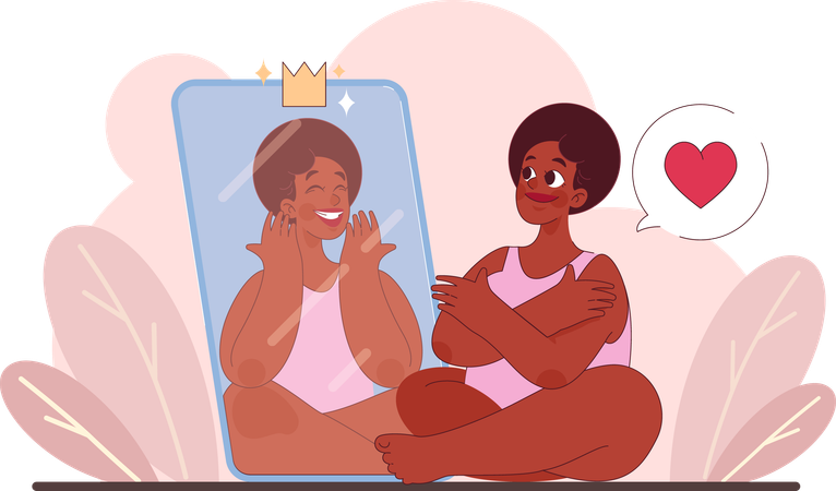 Woman with vitiligo smiling to her mirror reflection  Illustration