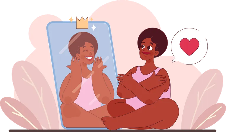 Woman with vitiligo smiling to her mirror reflection  Illustration