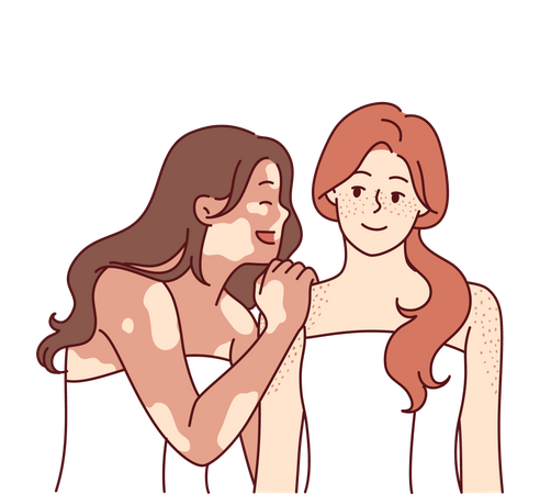 Woman with vitiligo syndrome hugs friend in bath towel and laughs enjoying fellowship and tolerance  Illustration