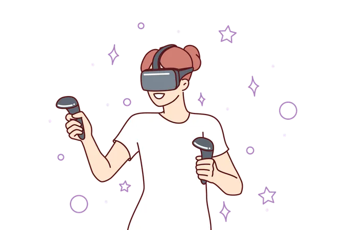 Woman With VR Headset On Head Uses Joystick Playing Metaverse Simulator With Augmented Reality Technology Girl In Vr Glasses Is Passionate About Video Games With Immersion In Digital Simulation Illustration