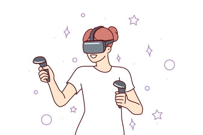 Woman with VR headset on head uses joystick playing metaverse simulator  Illustration