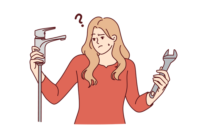 Woman with water faucet and wrench does not understand how to fix water supply  Illustration