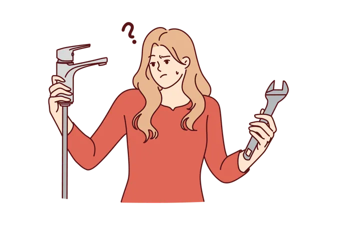 Woman with water faucet and wrench does not understand how to fix water supply  Illustration