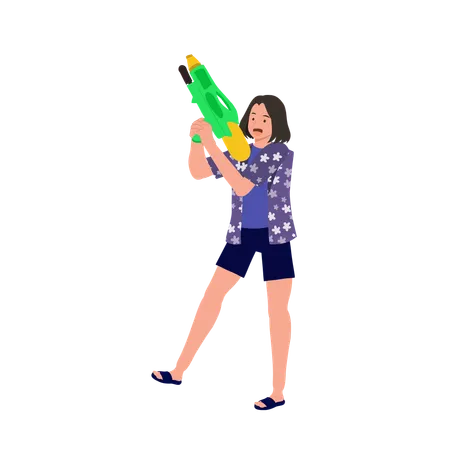 Joyful Asian Woman Enjoying Songkarn Festival Water Fight Woman With Water Gun Illustration
