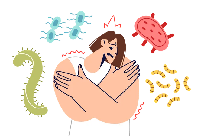 Woman With Weak Immunity Stands Among Bacteria And Viruses Or Worms And Needs Vitamins To Improve Health Girl Afraid Of Becoming Victim Of Infection Due To Spread Of Harmful Microbes Or Bacteria Illustration